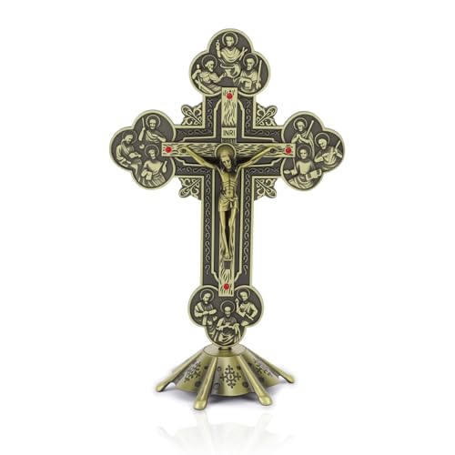 Gugxiom Jesus Korsstaty, bronsfärgad krucifix med robust bas, stående Jesus Kristus kors, metallbordsdekoration, för katolsk