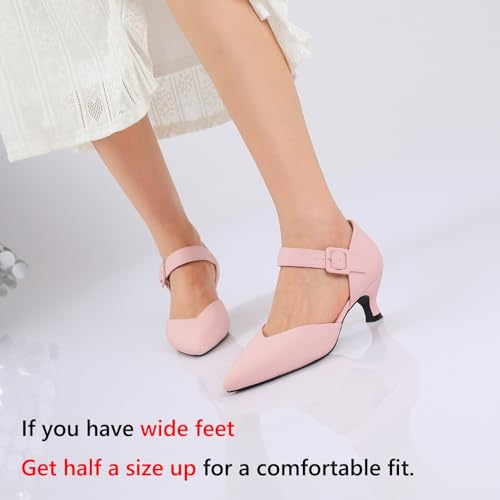 Image of RIBONGZ Comfortable Kitten Heels for Women Pointed Closed Toe Ankle Strap Buckle Heels Slip on Low Heel Church Pumps Wedding Bridal Party Dressy Shoes
