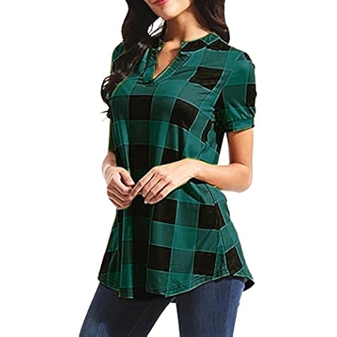 Womens V-Neck Short Sleeve T-Shirt Casual Plaid Printed Fashion Loose Irregular Hem Blouse T-Shirt Womens Summer Tops Cover