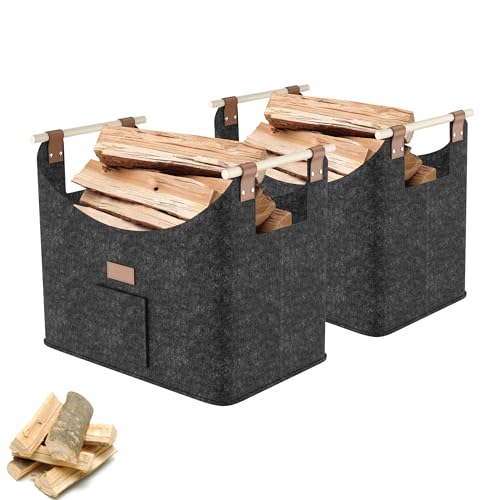 YRHome Lot de 2 paniers à bois de chauffage extra épais - Grand panier à bois de chauffage - Panier en feutre pour bois de chauffage - Cheminée avec poignées en bois - Jusqu'à 40 kg - 50 x 32 x 40 cm