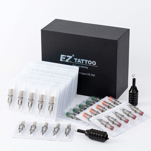 Eztat2 100 Pcs Revolution Tattoo Cartridge Needles Assorted 3Rl 5Rl 7Rl 5Rs 7Rs 7M1 9M1 11M1 9Cm 15Cm With 2 Aluminum Grips Mixed Tattoo Needles For Rotary Pen Machine Supply #TOP1