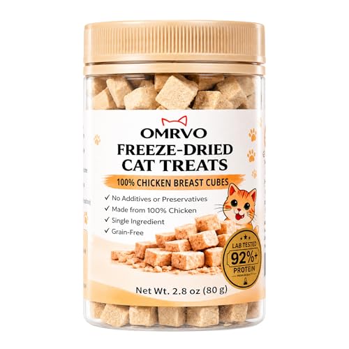 OMRVO Freeze-Dried Cat Treats, 92%+ High Protein Chicken Breast Cubes,