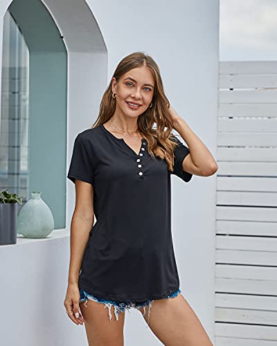 Kilig Women's Short Sleeve V-Neck Button Loose Casual Tops Blouse Henley T Shirts(A1-Black,X-Large) #TOP4