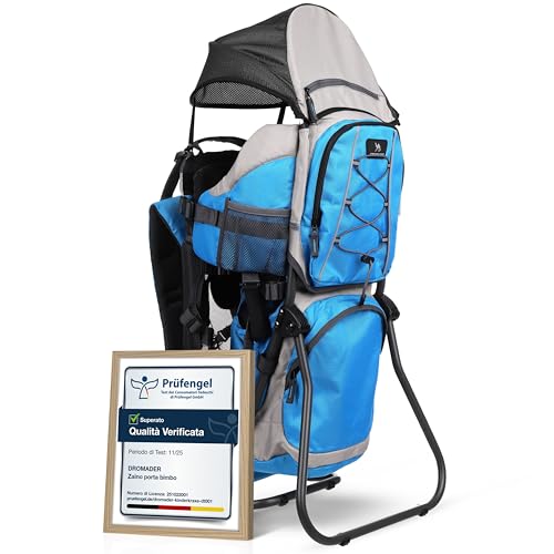 DROMADER Zaino Porta Bimbo Montagna - Fino a 22 kg, Parasole, Parapioggia, Tasca Isolante, Materassino Fasciatoio, Telaio Pieghevole a Una Mano - Blu