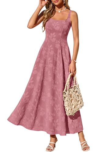 PRETTYGARDEN Womens Summer Maxi Dresses 2026 Casual Sleeveless Square Neck Formal Wedding Guest Beach Vacation Boho Dress (Dusty Pink,L)