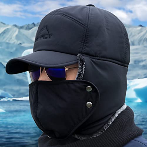 Mens Winter Trapper Bomber Hat With Ear Flap Full Face Mask Windproof Cycling Ski Cap 3 In 1 Thermal Fur Lined Trooper Aviator Hat For Women Men Gray #TOP5