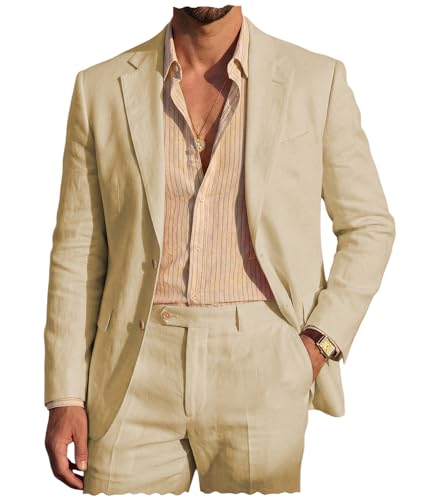 Men's Linen 2-Piece Suit - Casual Breathable Blazer and Pants for Summer Beach Wedding,Champagne-L