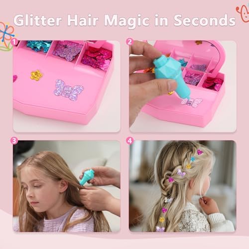 Hair Gem Stamper Kit, Sparkling Hair Jewels Styling Tool for Girls, Creative DIY Hair Art Crafts with Glitter Sequins, Birthday Party Gifts Toys for Girls Ages 3-12 Years Old (PurplePink) — view 3