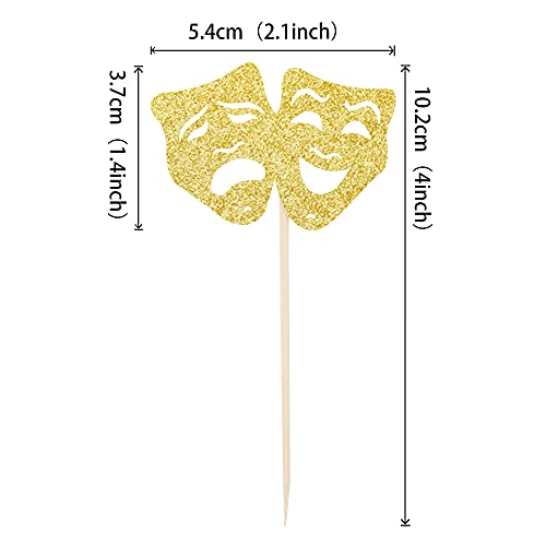 24 Pcs Theatrical Mask Cupcake Toppers Gold Glitter Comedy Movie Night Cupcake Picks Film Festival Theme Birthday Party Cake Decorations Supplies #TOP1