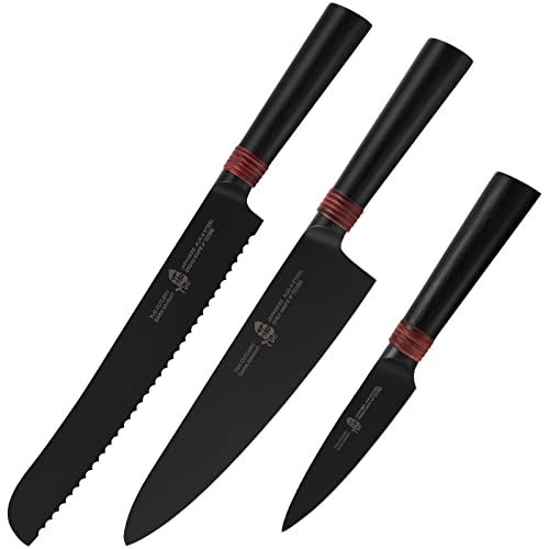 Tuo Chef Knife 8 Inch & Paring Knife 3.5 Inch & Bread Knife 9 Inch - Japanese Aus-8 Stainless Steel Comfortable Pakkawood Handle - Dark Knight Series With Sheath & Gift Box #TOP13