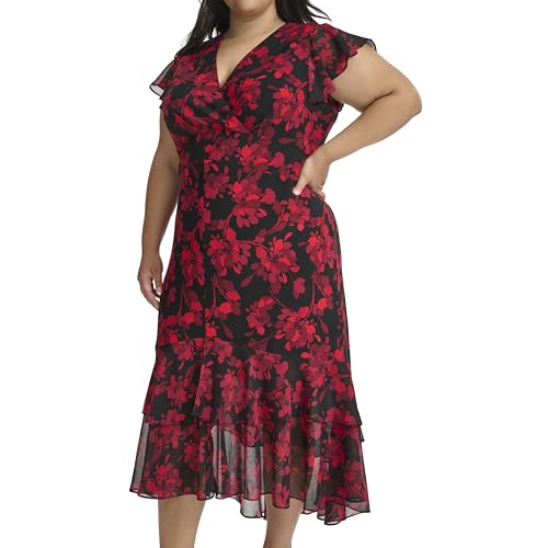 Image of Tommy Hilfiger Women's Flutter Sleeve V-Neck Ruffle Trim Hi-Lo Midi Dress