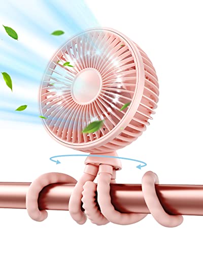 Image of Gaiatop Baby Stroller Fan, 4000mAh Oscillating Mini Portable Fan with Light, 4 Speeds Battery Operated Small Handheld Desk Fan, 360° Rotate Flexible Tripod Clip On Fan for Car Seat Crib Travel Pink