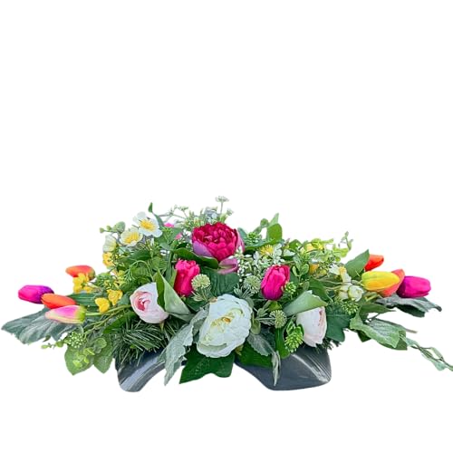 Grabblumen im stabilen Topf mit Beschwerung EU Handmade 65x30cm | mit künstlichen Pfingstrosen Rosen Tulpen Butterblumen Gänseblümchen - farbenfroh täuschend echt - für Friedhof Grab Innen & Außen