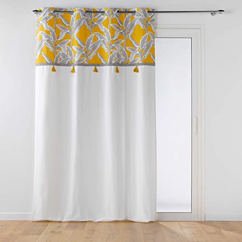 Douceur d'Intérieur, Rideau à Oeillets (140 x 240 cm) Isibelle Jaune, Coton Uni et Top Imprimés