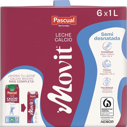 Leche Pascual - Leche Semidesnatada Pascual Movit con Calcio - Bienestar Animal - Pack 6 x 1L - Ideal para niños y adultos, Producto Natural y Saludable