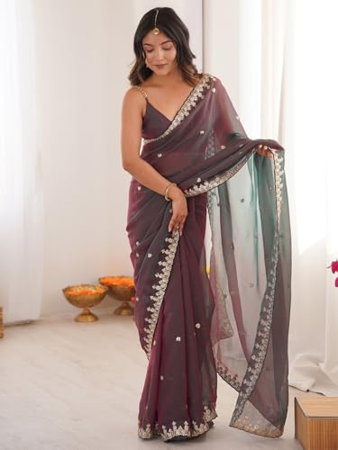 Image of AKHILAM Women's Shimmer Chiffon Sequence Embroidery Saree With Unstitched Blouse Piece(AARYAN21601 KR Parent)