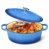 P&P CHEF Oval Dutch Oven with Lid, Enameled Cast Dutch Oven Pot for Bread Baking, Braising, Stewing, Roasting, Non-Stick & Oven Safe, Dual Handles & Easy Clean, 5QT & Blue, Valentine's Day