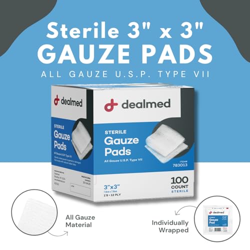 image for Dealmed 3’’ x 3’’ Sterile Gauze Pads (100 Count) Disposable an