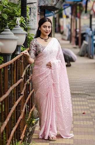 Image of Panzora Women's Soft Crepe Silk Saree With Contrast Blouse Piece.