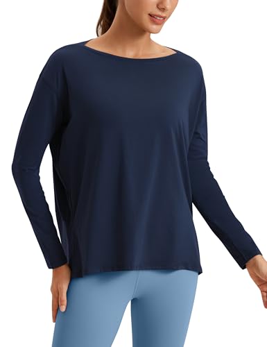 CRZ YOGA Pima Cotton Long Sleeve Workout Shirts for Women Loose Fit Athletic Yoga T-Shirts Casual Boat Neck Fall Tops