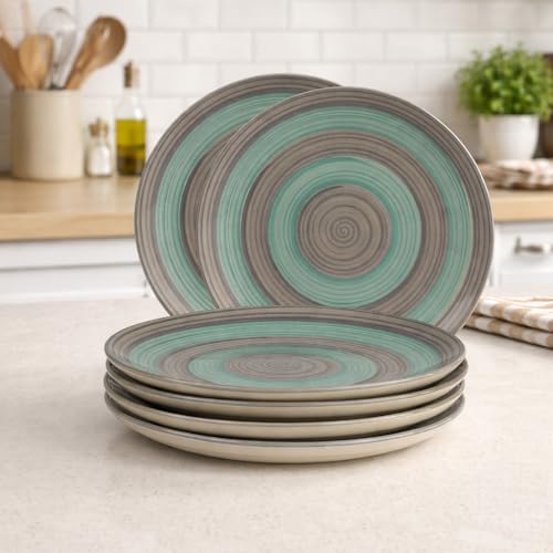 Image of Ceramic Plate Set,10 inches - Set of 6 Large Size Dinner Plate for Snacks, Appetizers etc. Handmade Stoneware Dinner Plate (Blue) (Seagreen-Grey)