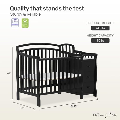 Image of Dream On Me Casco 3-in-1 Mini Convertible Baby Crib & Changer with Storage in Black, Pinewood, GreenGuard Gold & BSA, 1 inch Mattress Pad, 3 Mattress Heights, Converts to Mini Day & Twin-Size Bed
