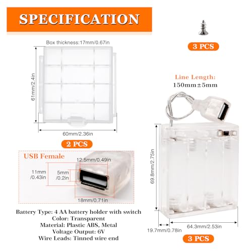 KUOQIY 3 Sztuk 4AA Uchwyty na Baterie Żeńskim USB, 4x1.5V AA Etui na Baterie z Włącznikiem/Wyłącznikiem Przewodami i Osłoną, z Plastikowym Pojemnikiem Śrubokrętem i Śrubami, Przezroczysty