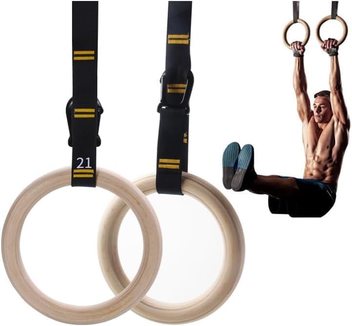 Wooden Gymnastic Rings with Adjustable Straps, Professional Exercise Equipment for Home Gym Training