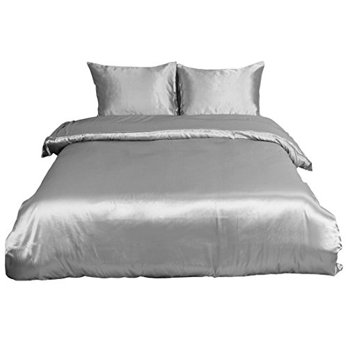 Uxcell Duvet Cover Set With 2 Pillow Shams,Soft Polyester Silky Satin Bedding 3-Piece Set,Solid Color Satiny Comforter Cover Set With Zipper Closure & Corner Ties King Gray #TOP17