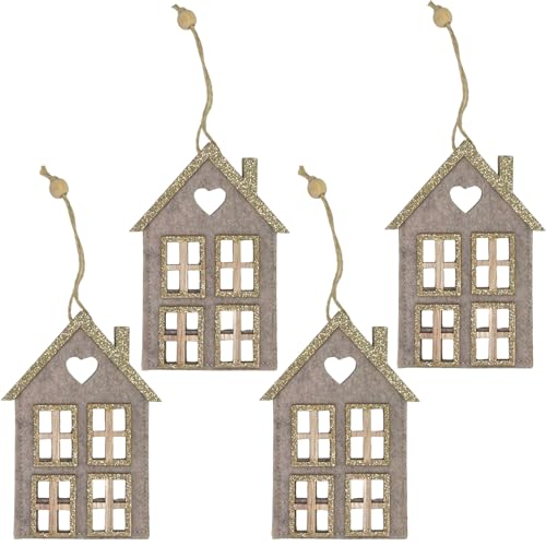 MIJOMA Set of 4 Christmas Felt Pendants, Beautiful as Christmas Tree Decorations, for Advent Arrangements, Felt Decorated with Wooden Elements and Glitter, Loop for Hanging (House 4 Windows, Beige)