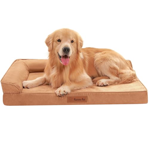 Image of Rainmr Microsuede Dog Bed Orthopedic Washable - Small Medium XLarge Dogs - Memory Foam Couch Sofa with Waterproof Removable Cover, 44x32 Inches, Khaki