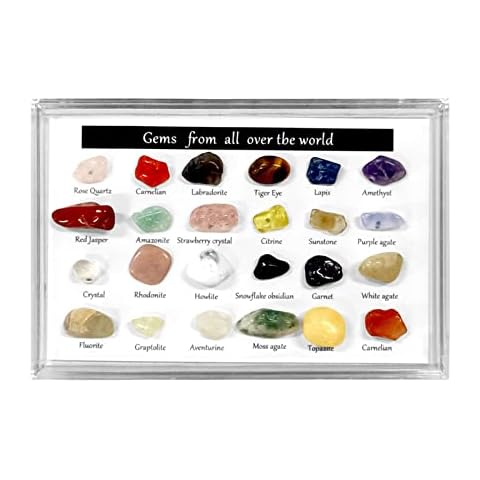 Pretfy 24Pcs Natural Ore Specimens Crystal Stone Set, Frame Display Home Decoration Gems Recognization, Mineral Rock Collection Geology Education Energy Crystals,Geology Gemstone Kit Cover