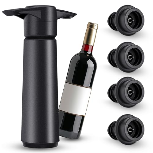 Wine Saver Pump with 4 Vacuum Stoppers, Reusable Silicone Preserver Keeps Wine Fresh, Stoppers for Bottles (Beer, Champagne, Sparkling)