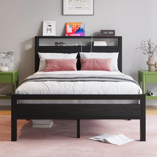 HOJINLINERO Bettgestell Metallbett 120x200 mit Lattenrost & USB Ladefunktion,Modern Gästebett Jugendbett 120x200 mit Stauraum Kopfteil,Bettrahmen aus Metall Holz für Schlafzimmer,Bed Frame,Schwarz