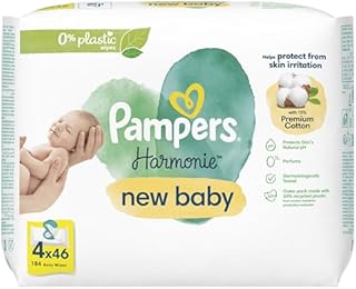 Pampers Harmonie New Baby Chusteczki Nawilżane dla Niemowląt i Dzieci, 184 Sztuk (4 x 46), Bezzapachowe, Pomagają Chronić Skórę Przed Podrażnieniami