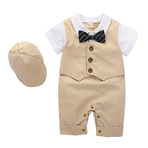 Newborn Baby Boy Baptism Christening Outfit White Shirt Waistcoat Bowtie Romper Onesie Overall Jumpsuit Wedding Birthday Party Cake Smash Gentleman Tuxedo Formal Suit Khaki-Short 6-9 Months #TOP10