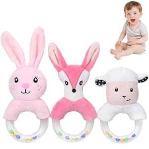 3Pcs Baby rattles Toys for 0-6 Months Sensory Toys for Babies 0-12 Months Early Educational Toy for Toddler Infant Boys Girls Shower Gift (Pink/White)(Fox/Rabbit/Sheep)
