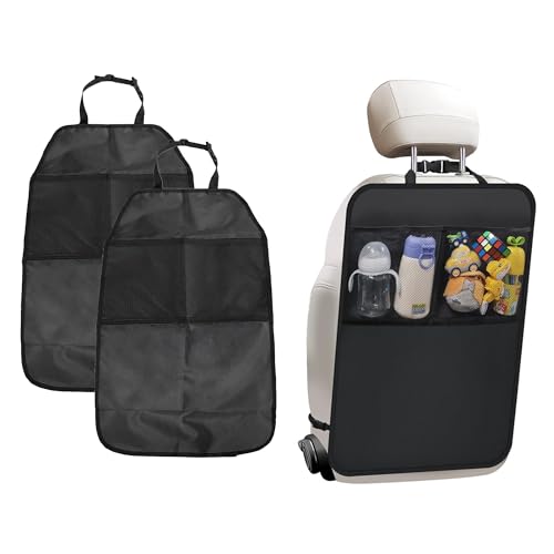 Tioollev 2 PCS Kick Mat Back Seat Protector, Waterproof Car Backseat Protective Kick Mat with 2 Mesh Pockets, Large Vehicle Seat Back Kick Mat Organizer for Kids, Car Accessories (2PCS)