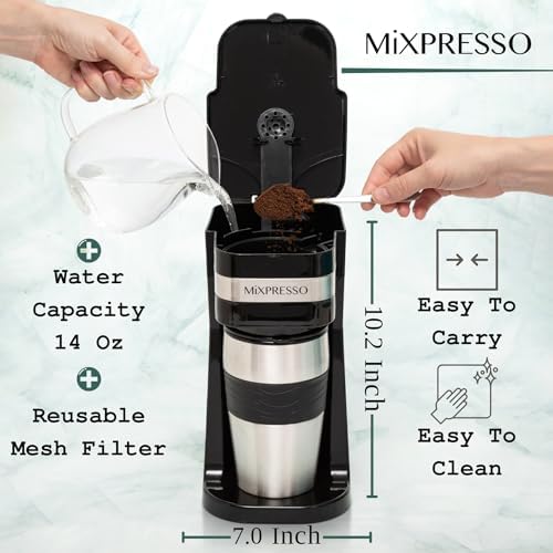 Mixpresso Black Personal Single Serve Coffee Maker with 14oz Travel Mug, Drip Small Coffee Maker with Auto Shut Off, Reusable Filter, Works with Ground Coffee Only β Not for K-Cup Pods - 2