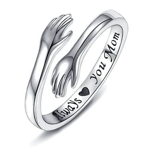 Sterling Silver Hug Ring for Women - Inspirational Hugging Hands Open Ring Graduation Birthday Mothers'Day Jewelry Gifts for Mother Daughter Sisters Nana (Always love you Mom)