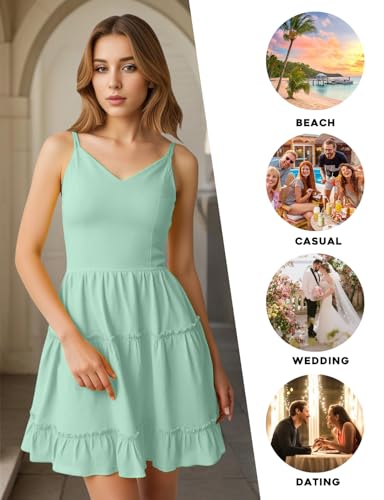 Image of FANCYINN Women Floral Casual Tiered Mini Dresses Spaghetti Strap V Neck Backless A Line Swing Short Dress with Pockets