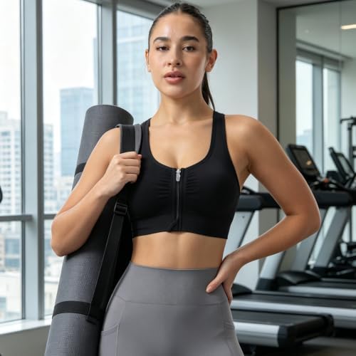 Senlinyoga Sports Bras for Women Zip Front Sports Bra Racerback Workout Bras Wirefree Padded Athletic Bras Black — view 6