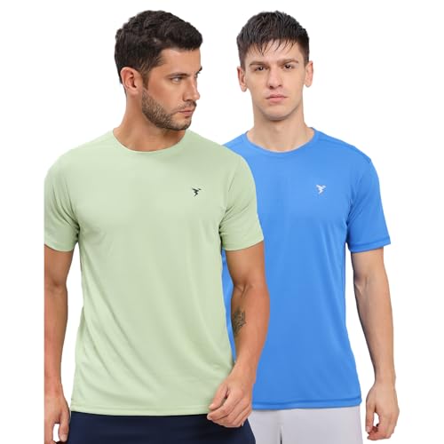Image of TECHNOSPORT Men's 100% Polyester Slim Fit Solid Short Sleeve T-Shirt for Gym, Workout, Sports and Regular Use - Pack of 2