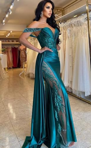 Image of Homdor Off Shoulder Satin Prom Dresses Long 2026 Beaded Formal Dresses Pleated Evening Party Gown with Slit Tail