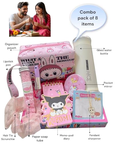 Image of Le Delite Birthday Gift for Sister I Combo Gift Hamper | Stylish Makeup Pouch, Glass Water Bottle, Pendant Necklace, Scrunchie, Soap Tube, memopad Spiral Diary & Lipstick Pen (rainbow combo) 100 Pages