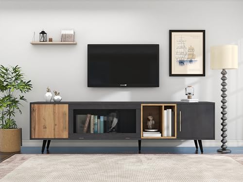 Wuudi Mueble de TV de 200 x 40 x 55,5 cm, madera oscura, gris y veta de madera, adecuado para un televisor de 90 pulgadas