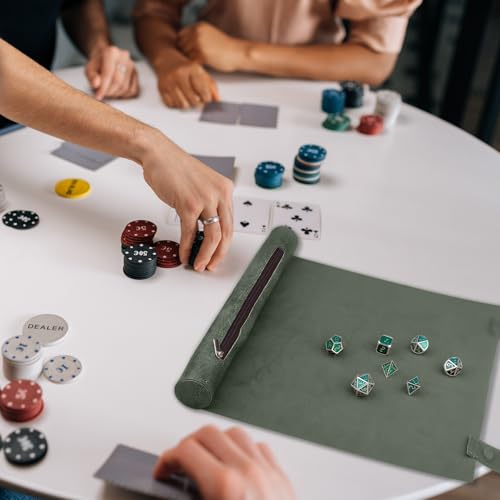SIQUK 2 Stücke Würfelmatte im Schriftrollen Stil Würfelmatte Rollentablett Würfelschale zum Rollen Würfeltablett & Würfelsack mit Würfel Aufbewahrung Würfelteller für DND RPG (Grün, Kamel)