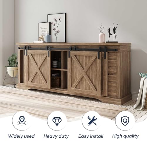 FREDBECK 6 FT Mini Cabinet Bypass Barn Door Hardware Kit Single Track 72inch Small Sliding Barn Doors Track Kit for 4 Doors Storage Closet Window TV Stand Wardrobe (No Cabinet) - Image 3