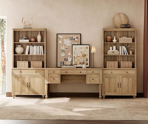 WAMPAT Home Office Furniture Set, 56” Executive Desk with Charging Station, 72″ Tall Bookcase with 4 Doors and 2 Drawers, Wood Computer Desk with File Cabinet Storage, Open Shelf, Oak