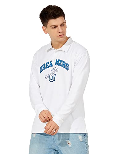 Image of Maniac Mens Printed Polo Neck Full Sleeve White and Blue Oversized Fit Cotton T-Shirt